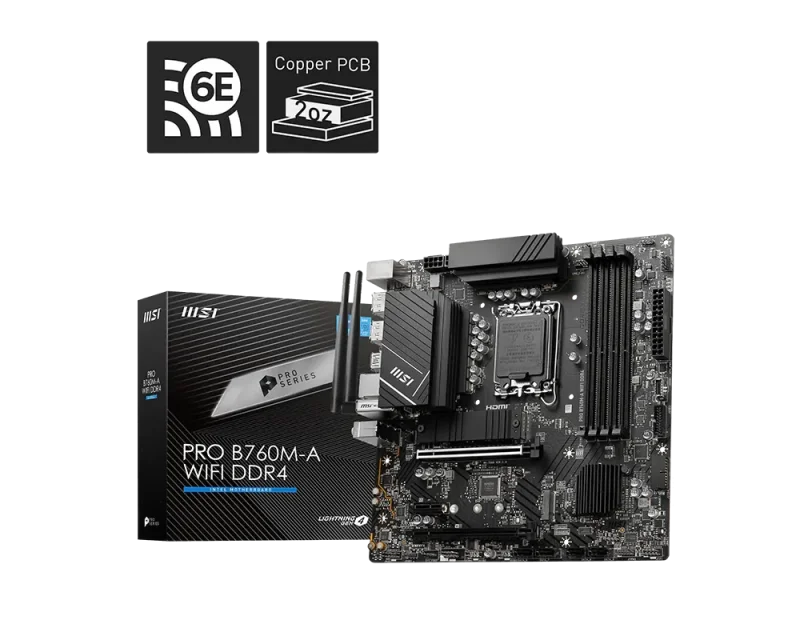 MSI PRO B760M-A WiFi DDR4 — LGA1700 · B760 · DDR4 · mATX · WiFi 6 · PCIe 4.0